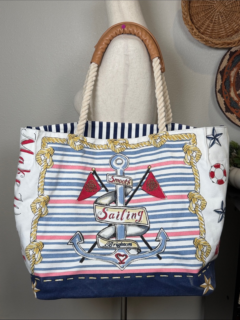Brighton Nautical Smooth Sailing XL Canvas Tote Bag Coastal Beachy Stripes Rope